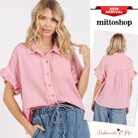 Mittoshop Mineral Wash Button Down Flounce Sleeves Loose Fit Shirt | Blush Pink - Picture 1 of 5
